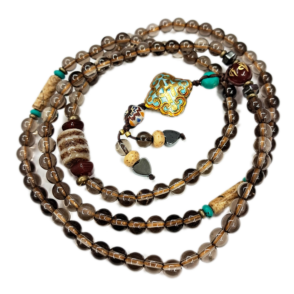 火供天珠&金吉祥{琺瑯}&茶晶108念珠5mm【十方】127629