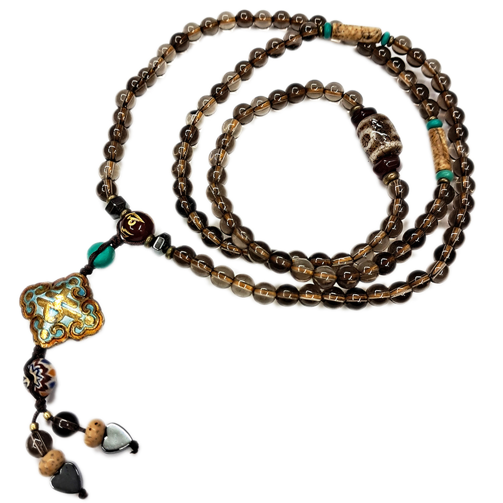 火供天珠&金吉祥{琺瑯}&茶晶108念珠5mm【十方】127629