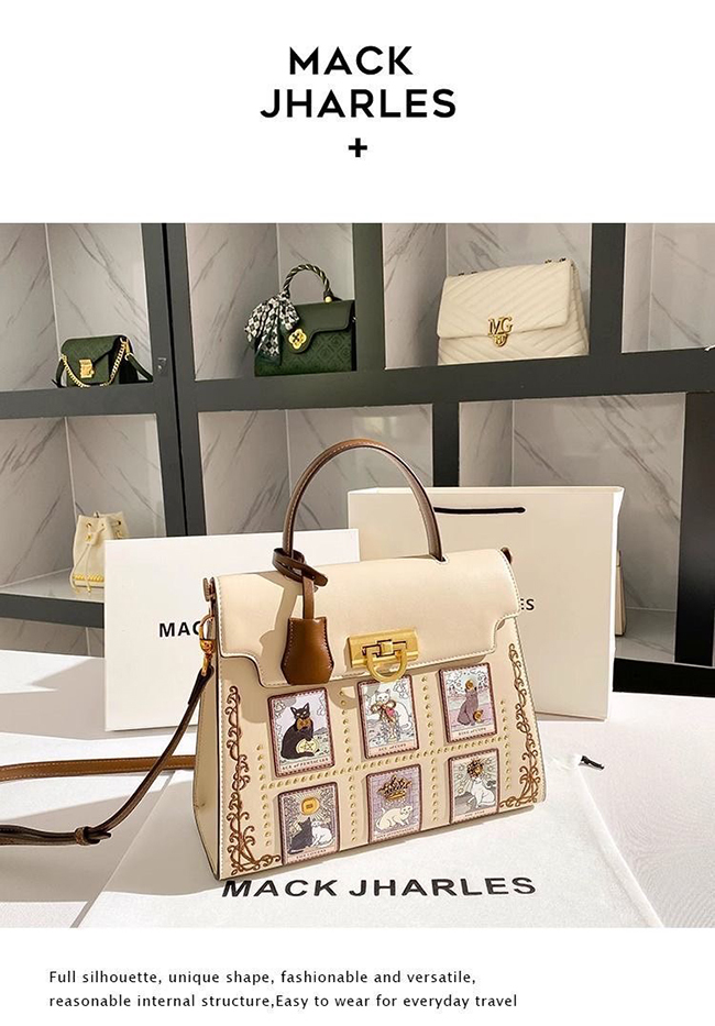 熱銷💕真皮重工藝貓咪手提斜揹通勤包-米白現貨