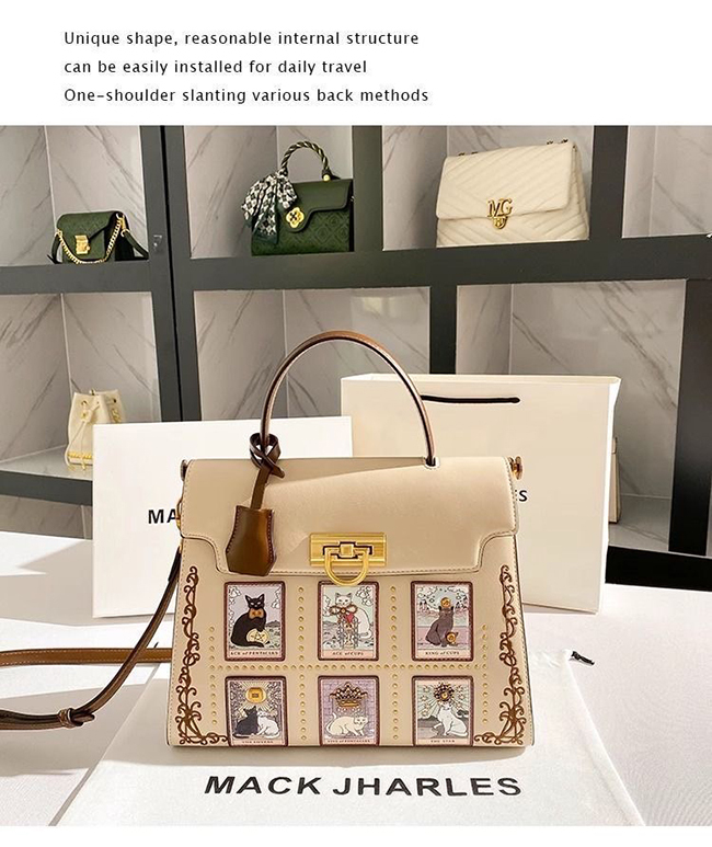 熱銷💕真皮重工藝貓咪手提斜揹通勤包-米白現貨