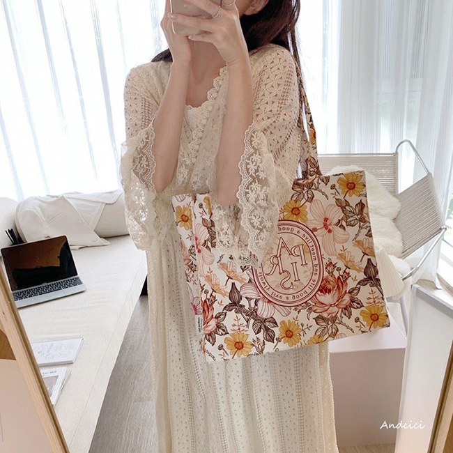 巴黎繽紛花朵絨布手提/肩背包包-一色現貨