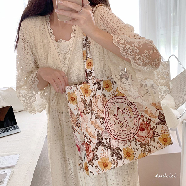 巴黎繽紛花朵絨布手提/肩背包包-一色現貨