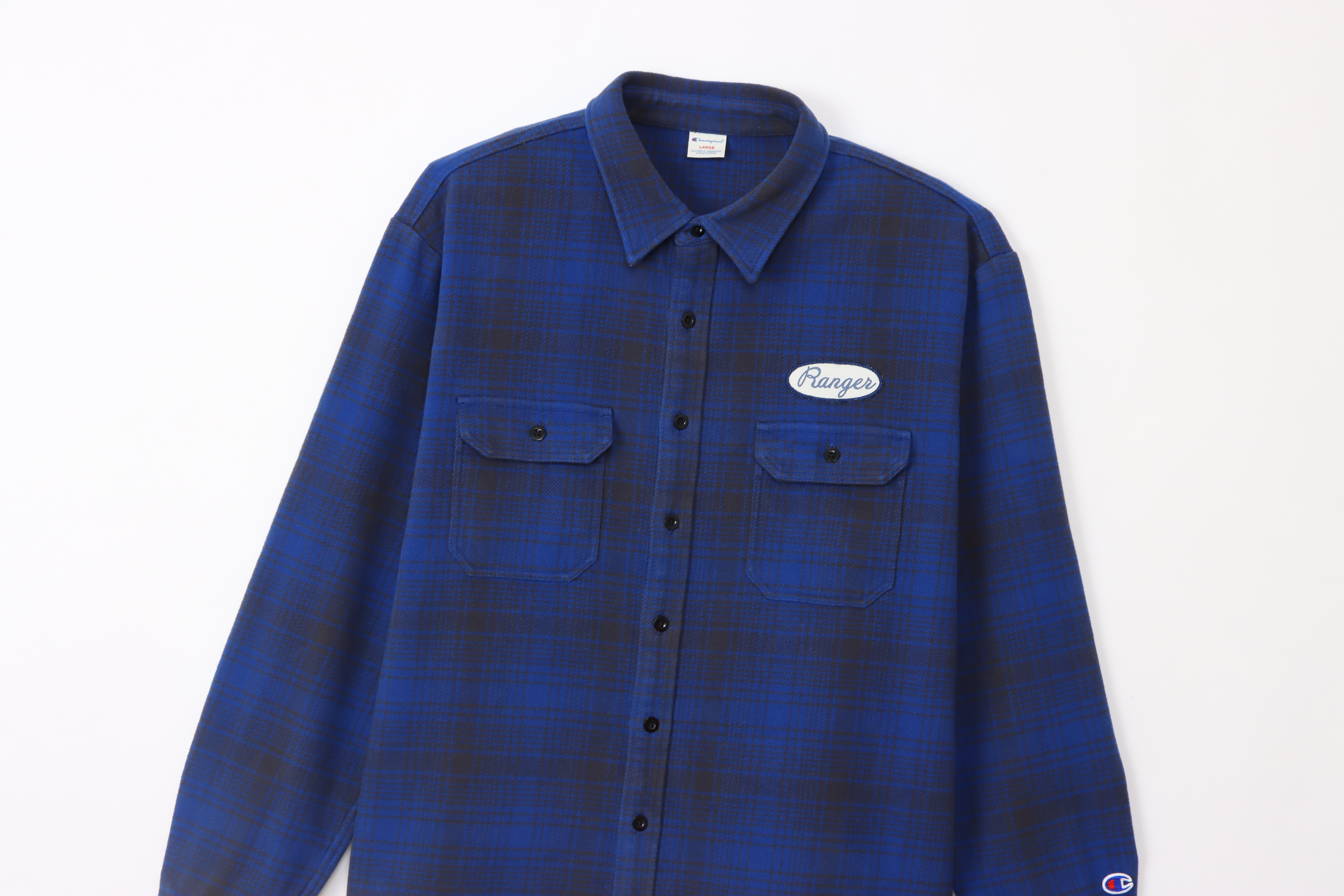 男款-CASUAL街頭布章法蘭絨工裝襯衫-藍色（C3-A410-385）