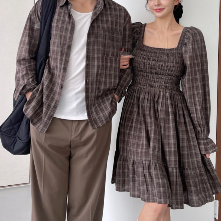 格紋襯衫/格紋長袖短洋