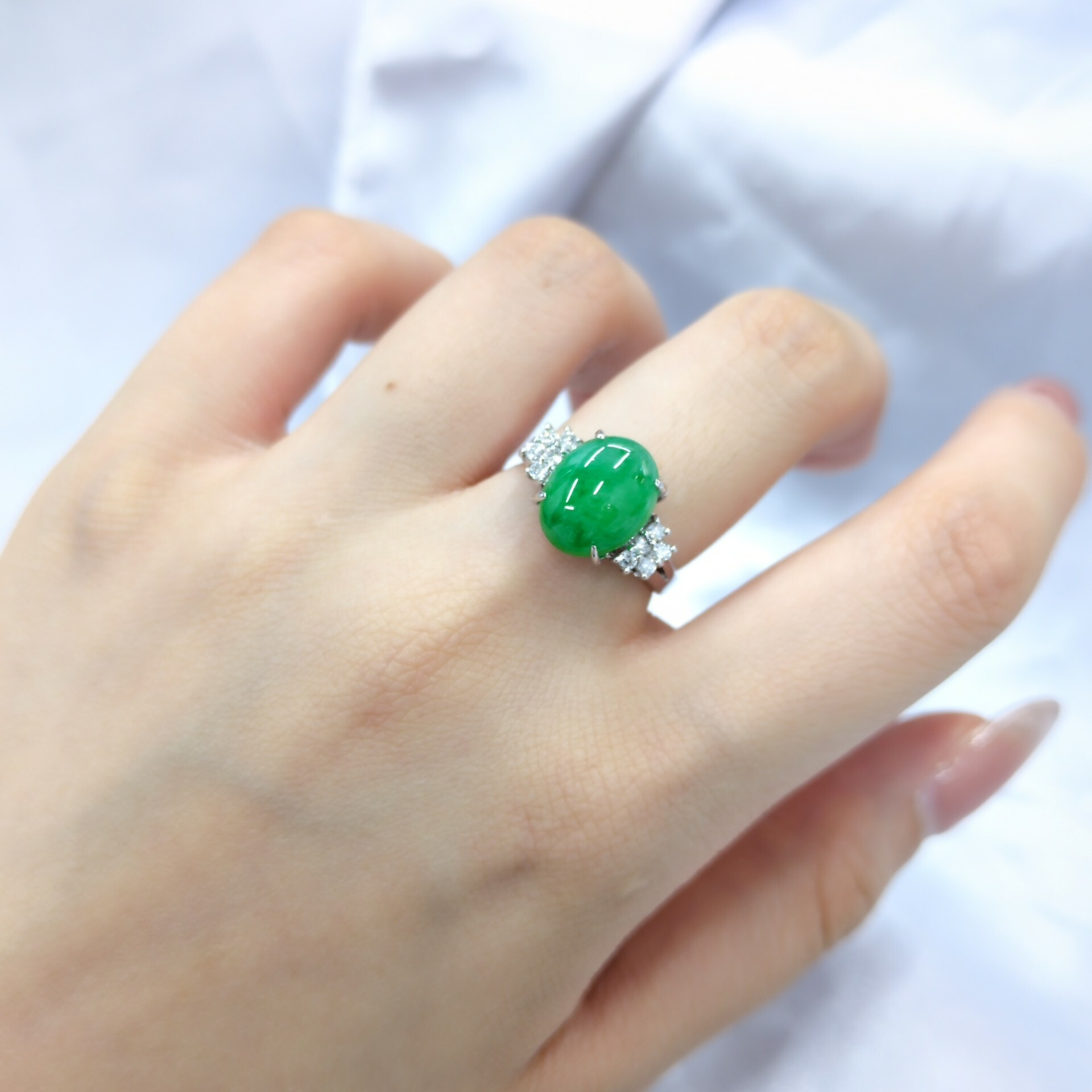 White White Gold Jade and 0.16ct Diamond Ring