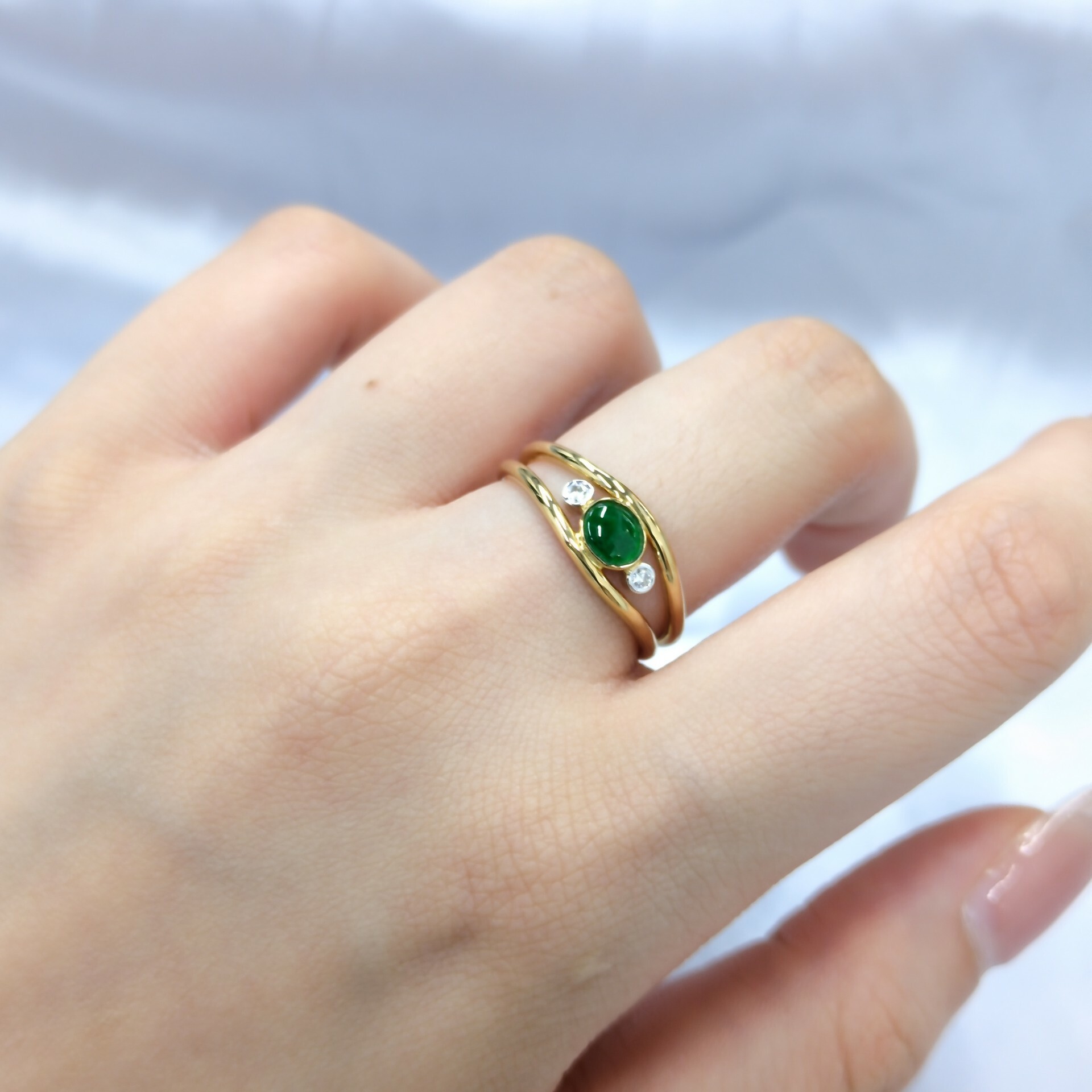 18K Yellow Gold Jade and Diamond Ring