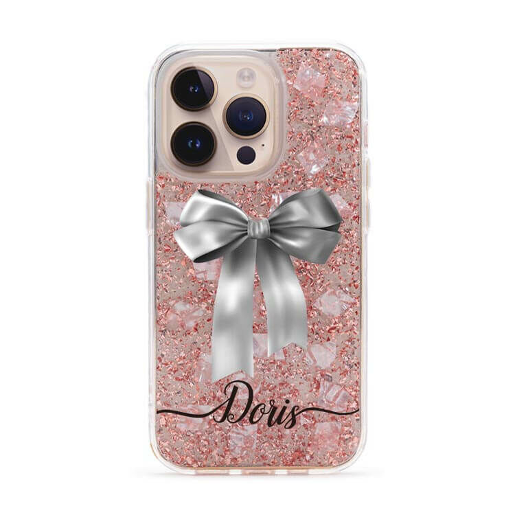 蝴蝶結緞帶(灰) 玫瑰金貝拉殼 - (訂製名字) iPhone客製化手機殼
