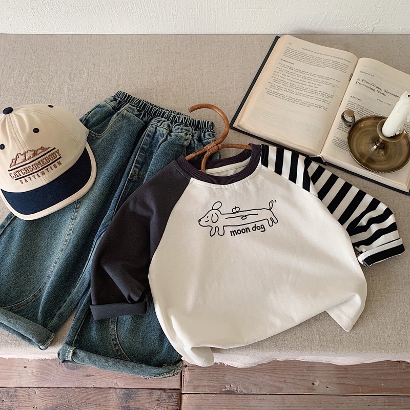 條紋撞色臘腸狗長T