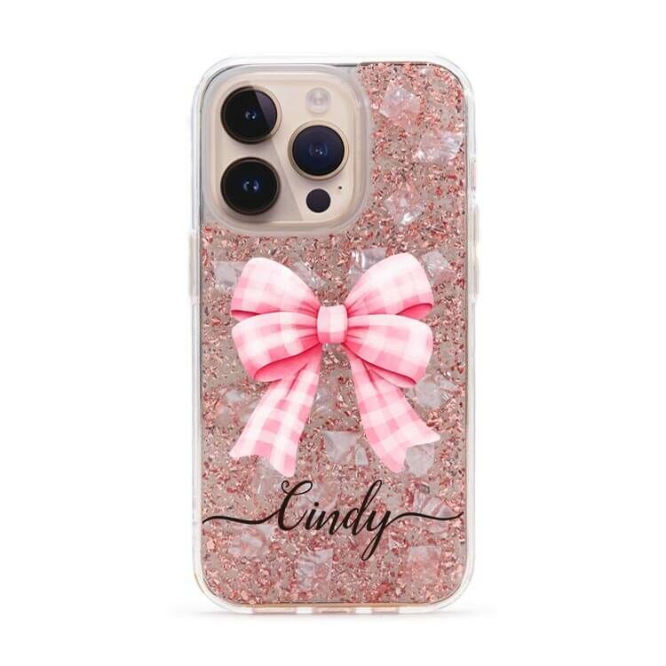 可愛格紋蝴蝶結 玫瑰金貝拉殼 - (訂製名字) iPhone客製化手機殼