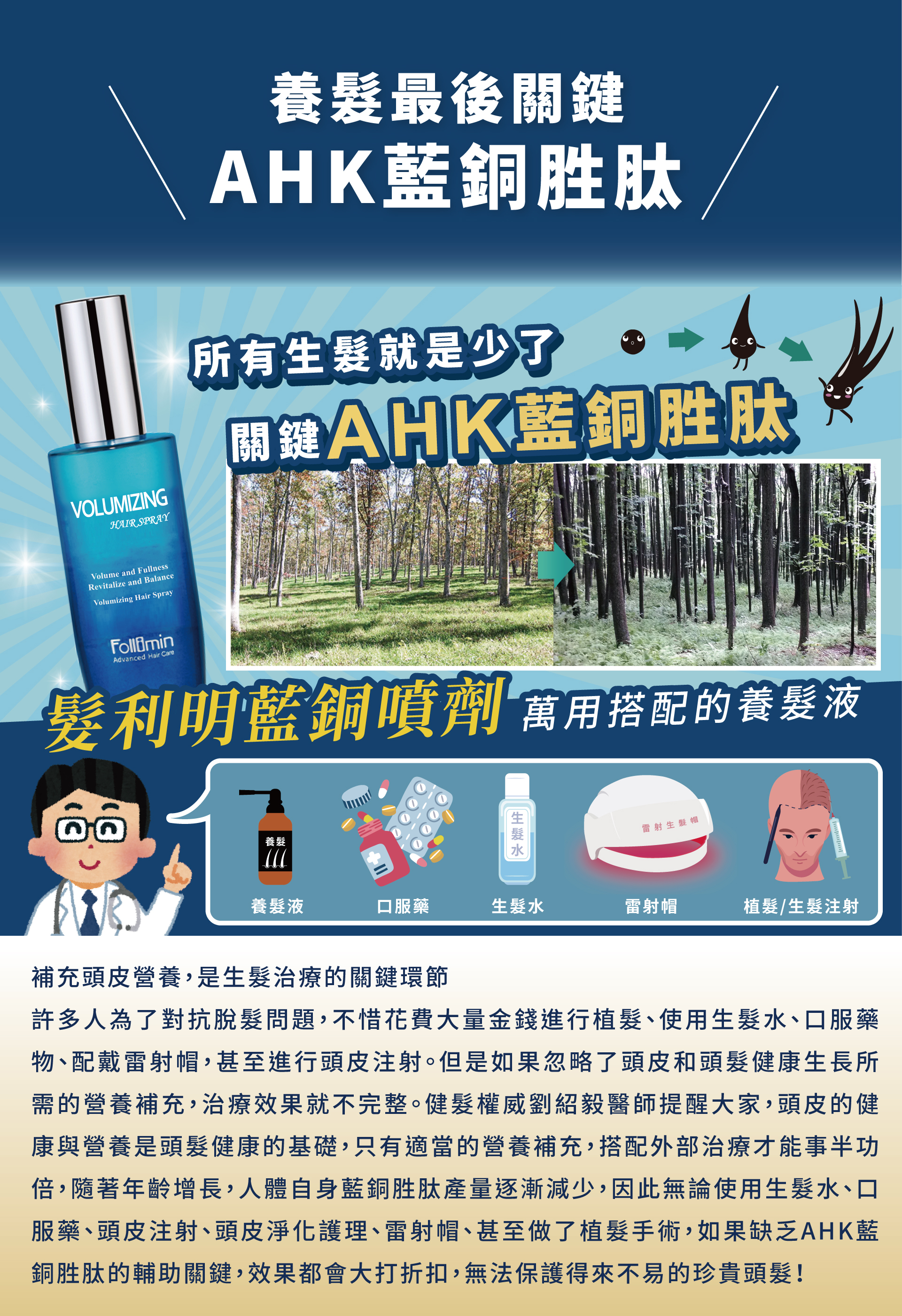 補充頭皮營養,是生髮治療的關鍵環節 許多人為了對抗脫髮問題,不惜花費大量金錢進行植髮、使用生髮水、口服藥物、配戴雷射帽,甚至進行頭皮注射。但是如果忽略了頭皮和頭髮健康生長所需的營養補充,治療效果就不完整。健髮權威劉紹毅醫師提醒大家,頭皮的健康與營養是頭髮健康的基礎,只有適當的營養補充,搭配外部治療才能事半功倍,隨著年齡增長,人體自身藍銅胜肽產量逐漸減少,因此無論使用生髮水、口服藥、頭皮注射、頭皮淨化護理、雷射帽、甚至做了植髮手術,如果缺乏AHK藍銅胜肽的輔助關鍵,效果都會大打折扣,無法保護得來不易的珍貴頭髮!