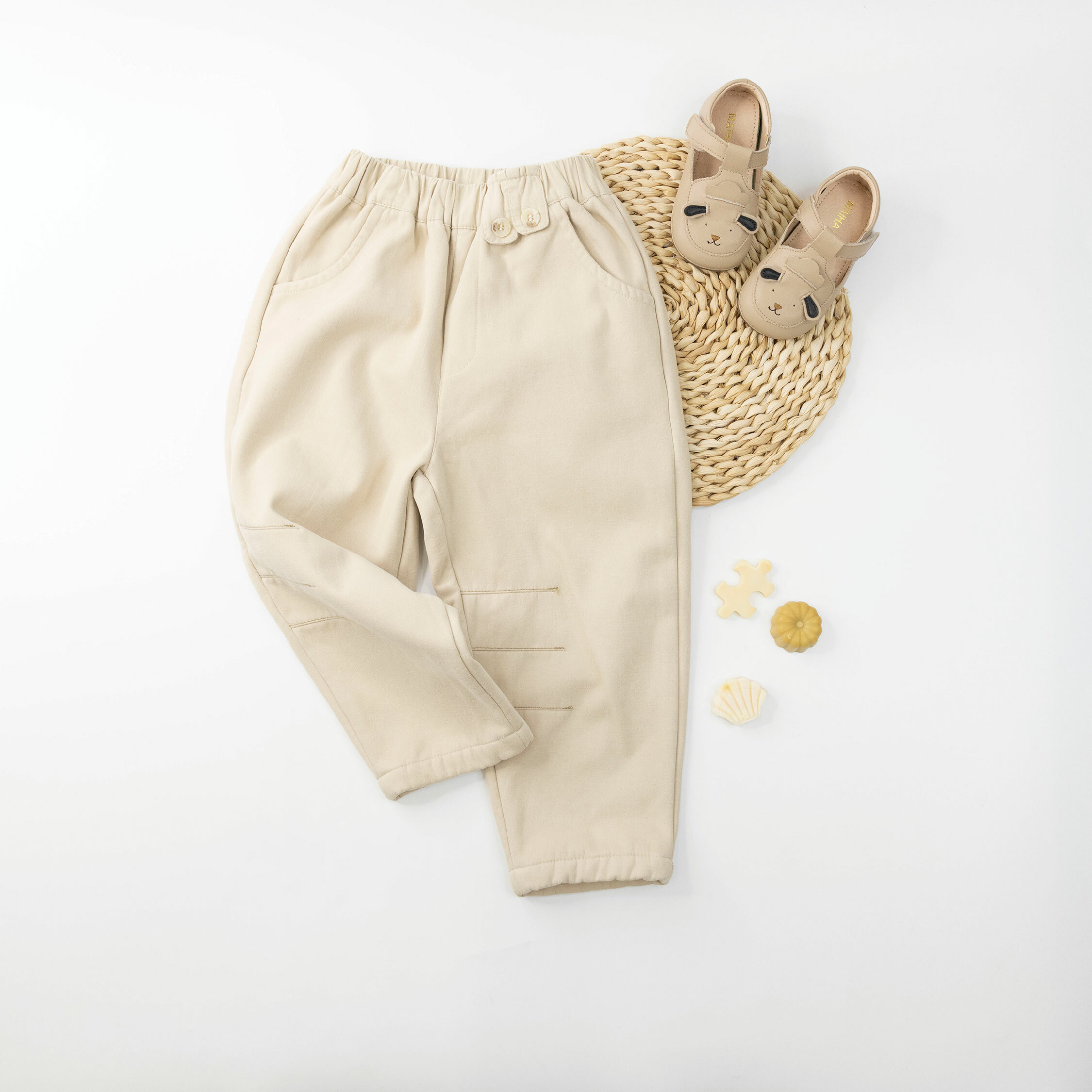 【H35694】簡單車縫裝飾鈕釦內刷毛休閒褲