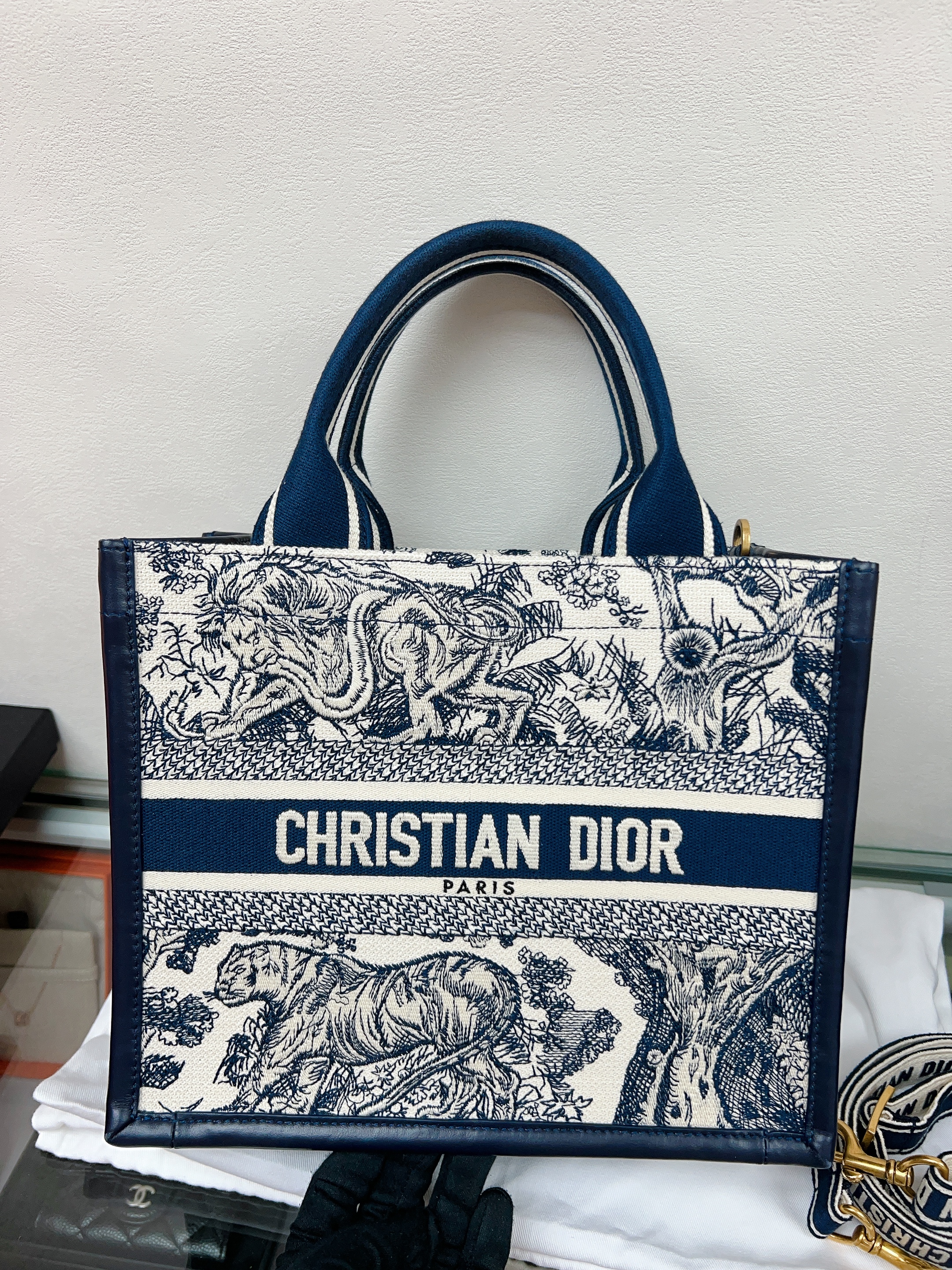 Dior book tote small (navy) with strap