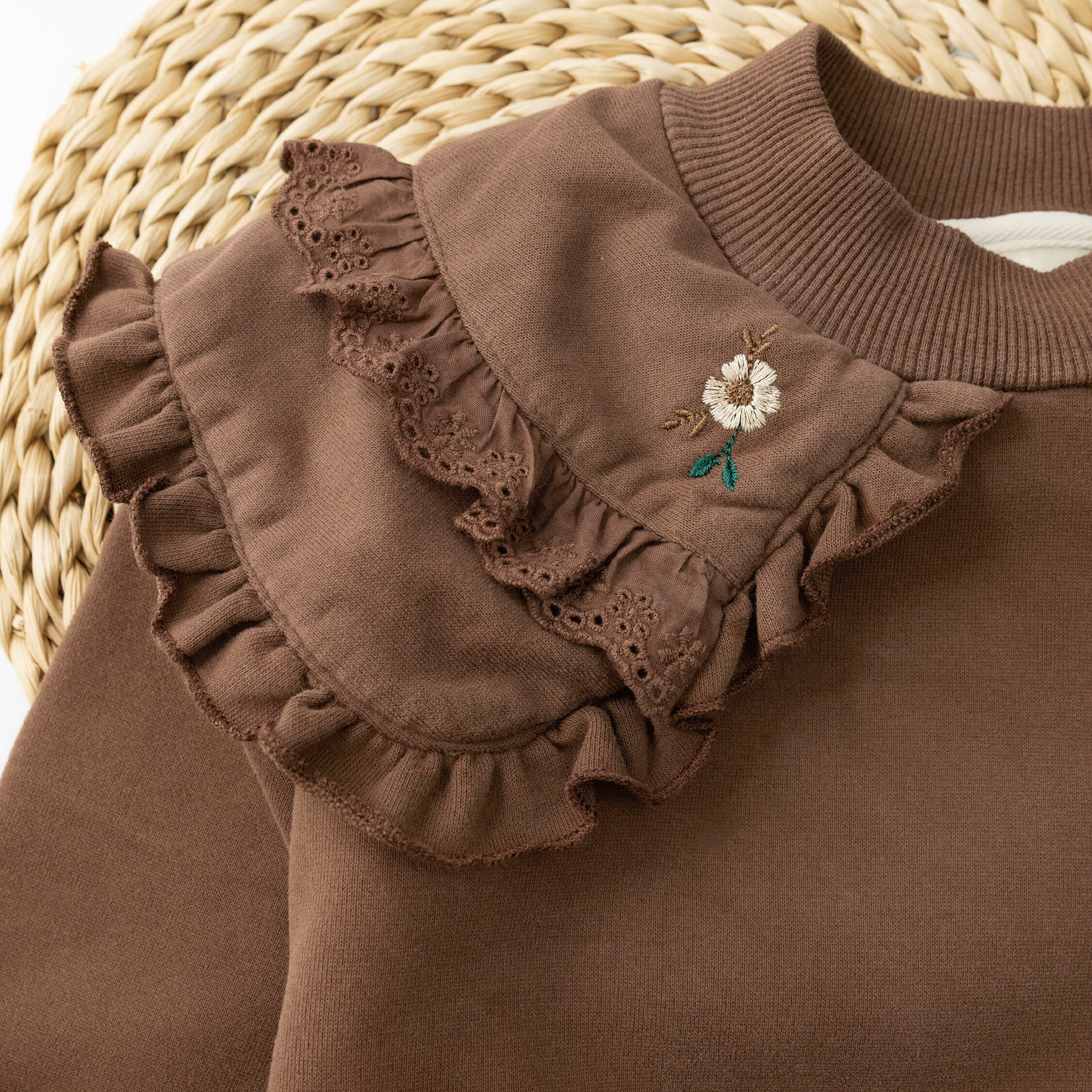 【H35740】小花刺繡荷葉拼接內刷毛上衣