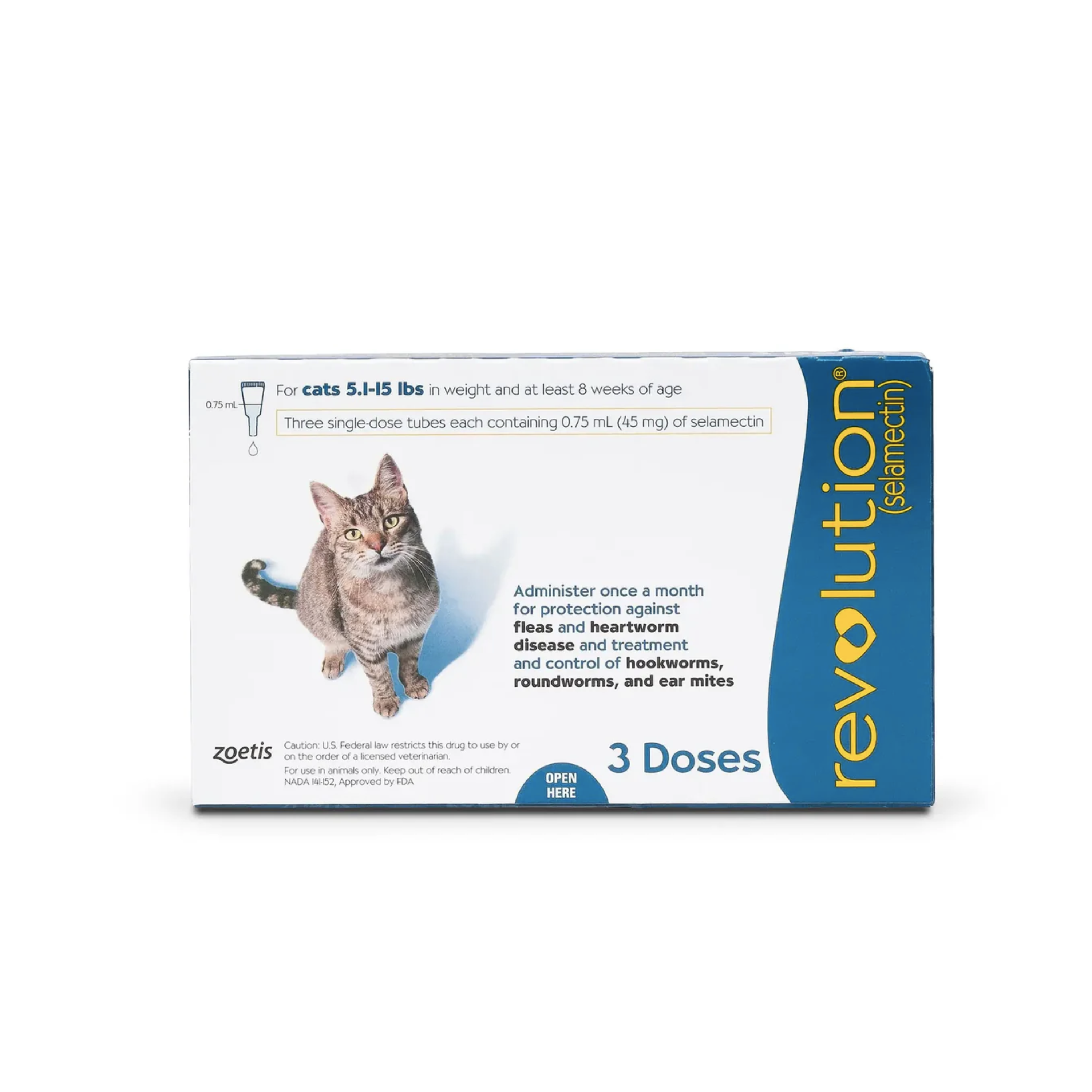 Revolution - 預防跳蚤、心絲蟲病、蛔蟲、鉤蟲、耳蟎 -貓用 (5.1-15LBS) 3支裝-藍盒