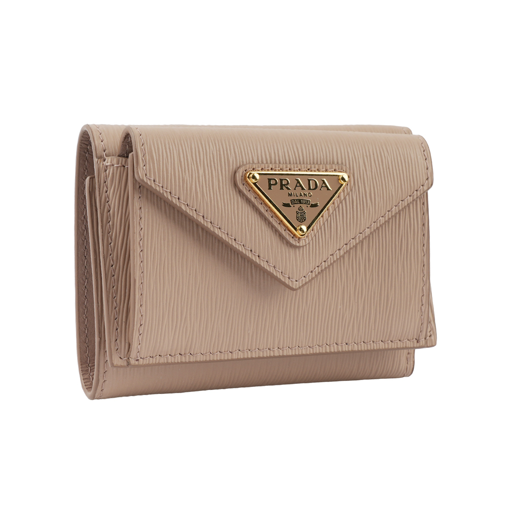 【Prada】三角牌Logo水波紋信封造型迷你三折短夾