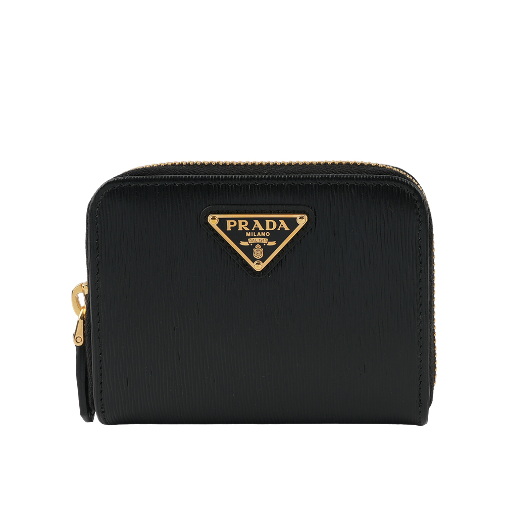 【PRADA】三角牌Logo 水波紋皮革零錢包(黑色) 1MM268 2DDU F0002