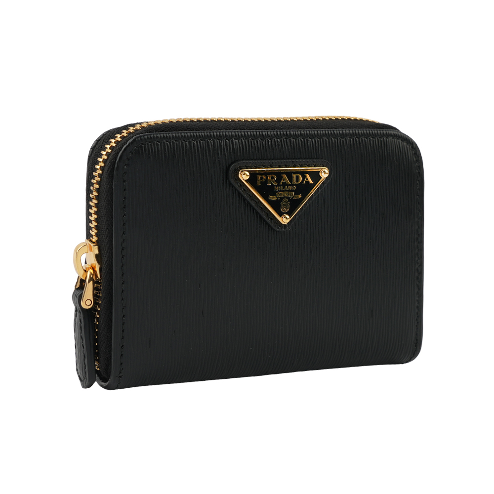 【PRADA】三角牌Logo 水波紋皮革零錢包(黑色) 1MM268 2DDU F0002