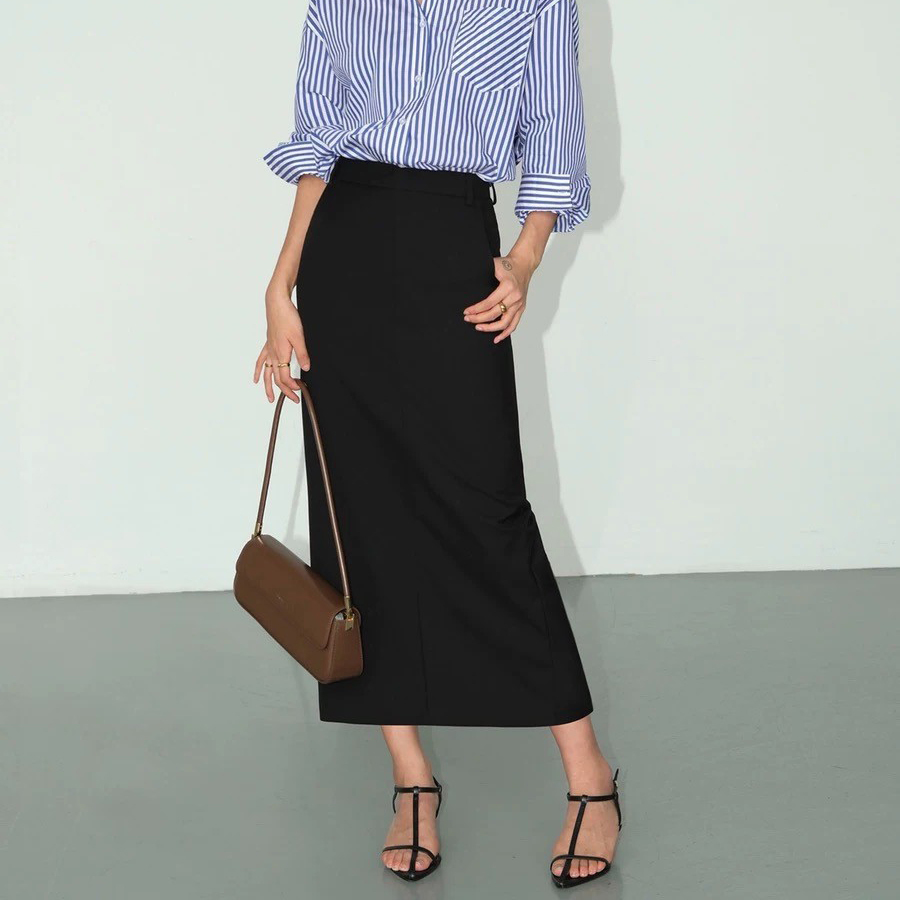 經典黑顯瘦感西裝鉛筆裙長裙S-L (Elegant & Love)