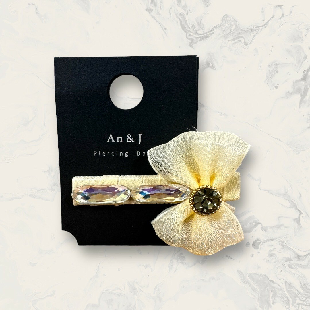 韓國直送髮飾 排列炫彩橢圓鋯側金框黑鋯網紗蝴蝶結手工髮夾