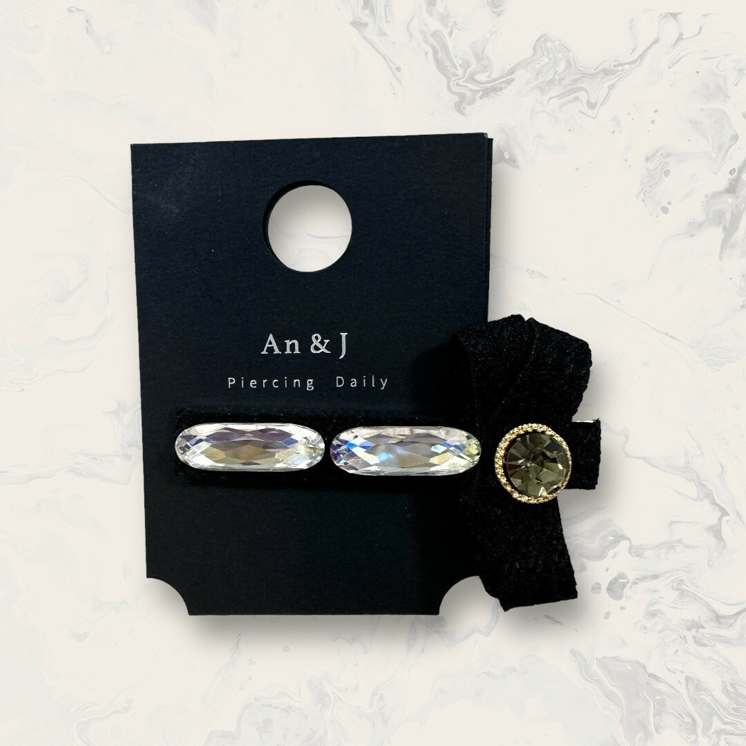 韓國直送髮飾 排列炫彩橢圓鋯側金框黑鋯編織紋蝴蝶結手工髮夾