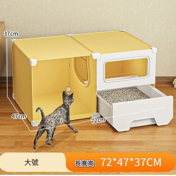 （貓屋廁所）走廊式防外濺抽屜式貓咪專用廁所【原木色大號】