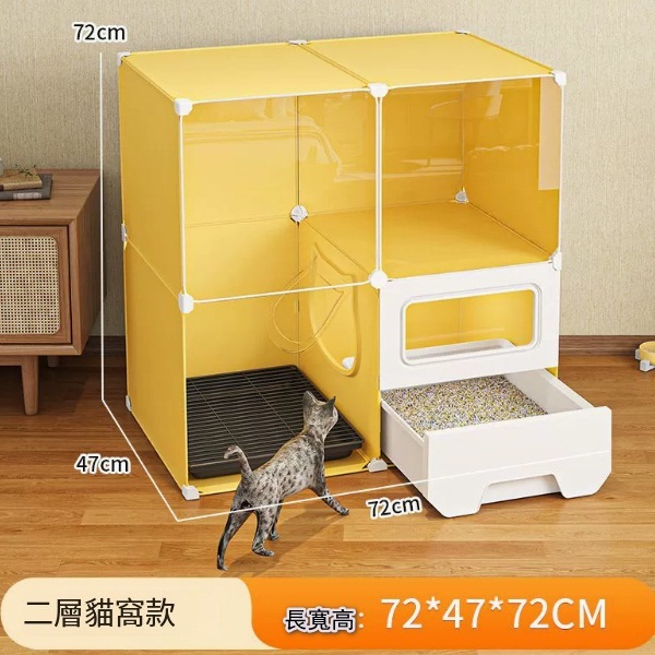 （貓屋廁所）走廊式防外濺抽屜式貓咪專用廁所【原木色大號/帶防帶砂託盤/帶雙層貓窩】