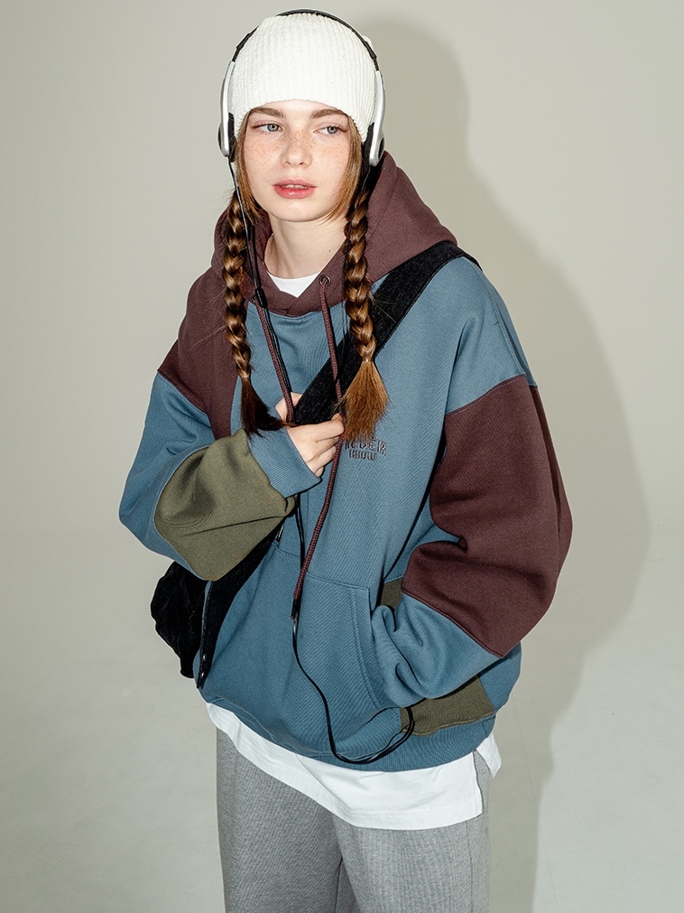 <預購> 韓國WV PROJECT 撞色拼布高磅刷毛帽T#帽踢