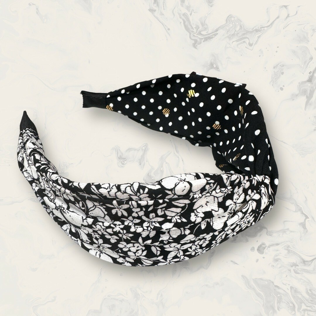 韓國直送髮飾 滿版花花圖案拼接點點中交叉結手工髮箍