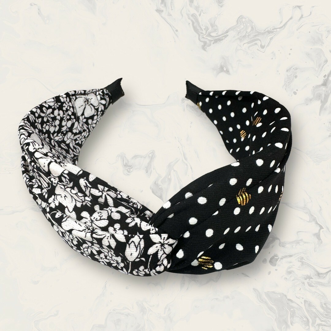 韓國直送髮飾 滿版花花圖案拼接點點中交叉結手工髮箍