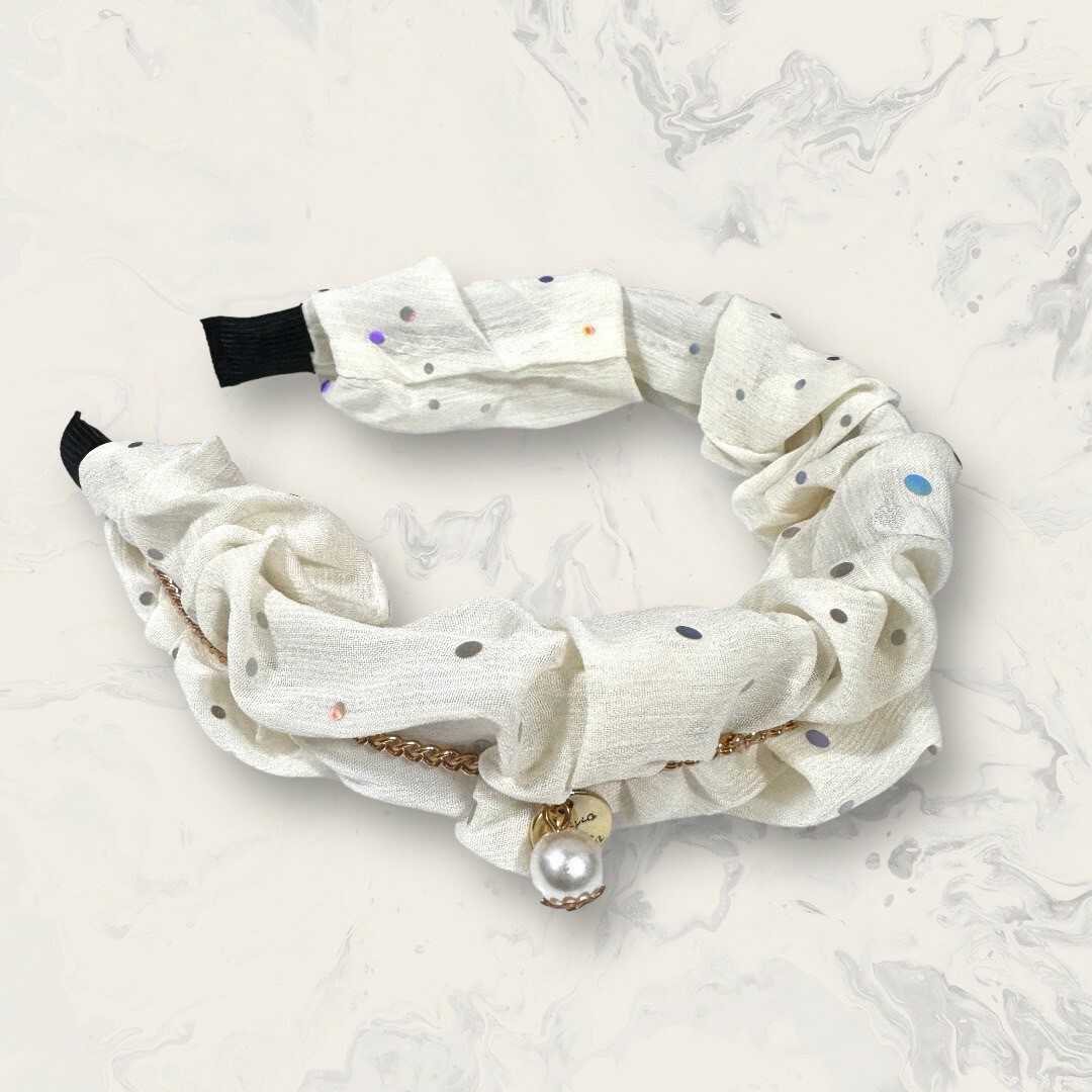 韓國直送髮飾 圓點亮片中金鍊吊珍珠+小圓牌皺褶手工髮箍