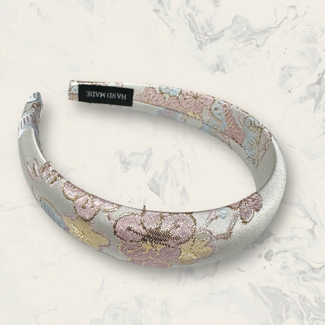 韓國直送髮飾 金線刺繡花花光澤緞面澎澎寬版手工髮箍