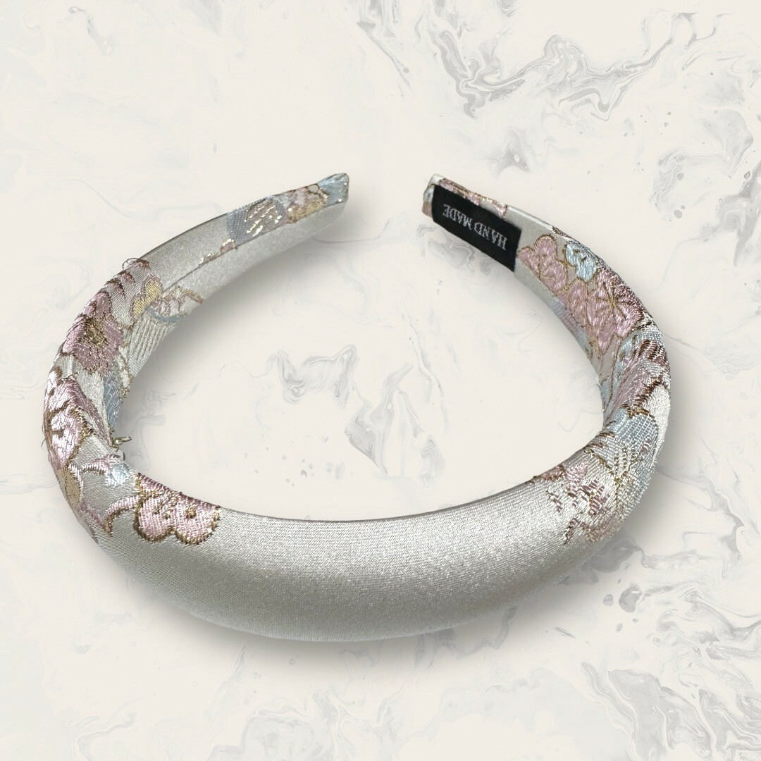 韓國直送髮飾 金線刺繡花花光澤緞面澎澎寬版手工髮箍