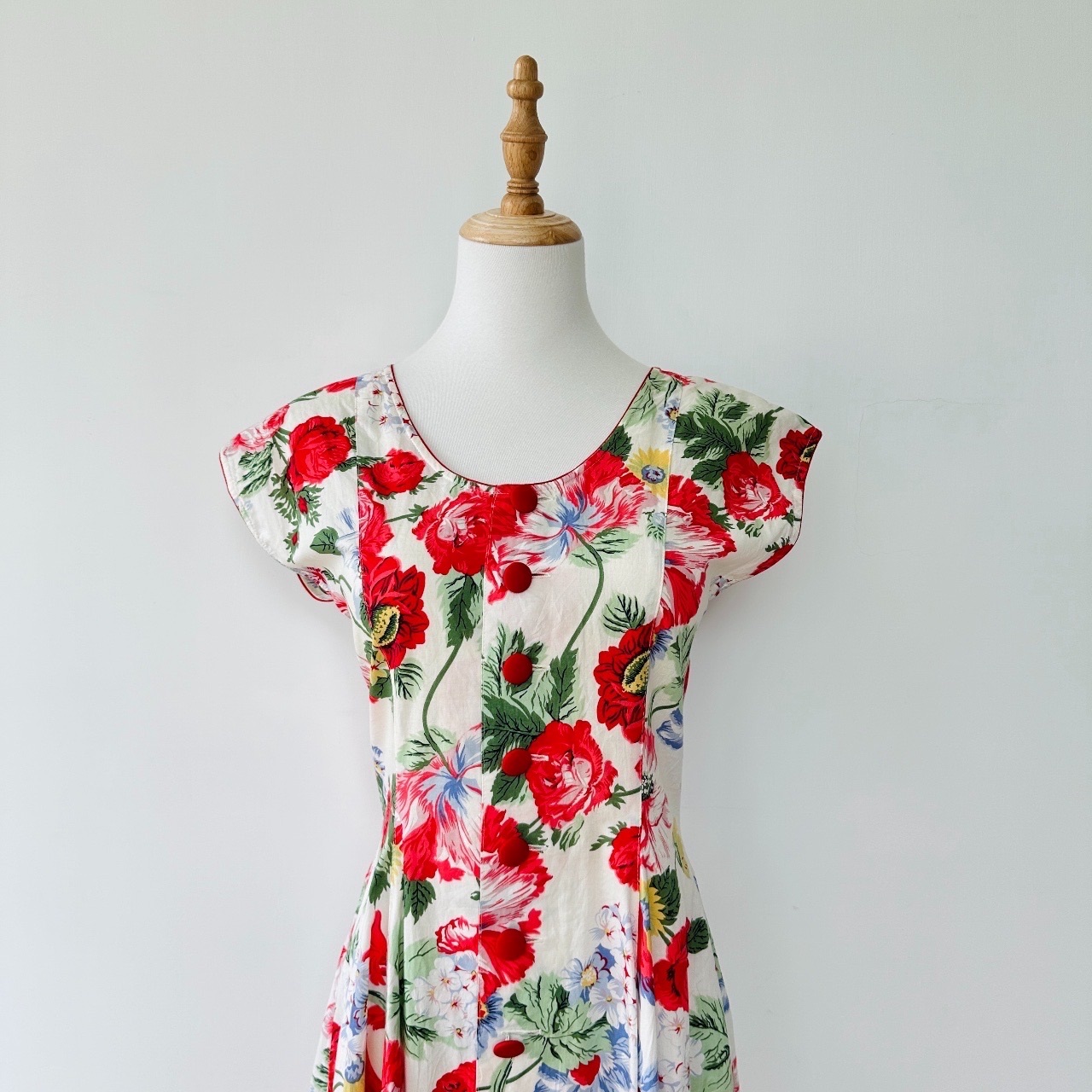 復古鮮艷紅花古着連身裙