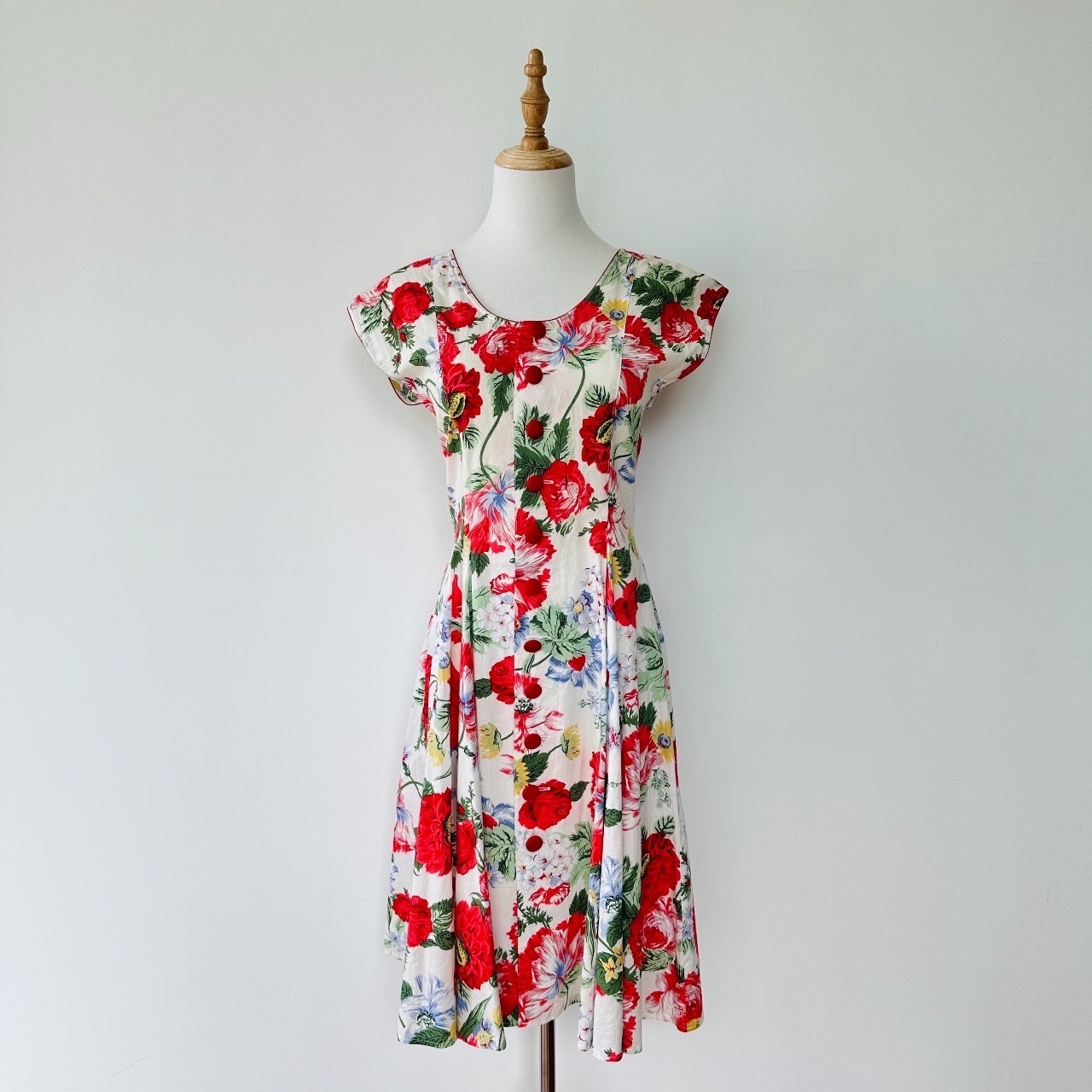 復古鮮艷紅花古着連身裙