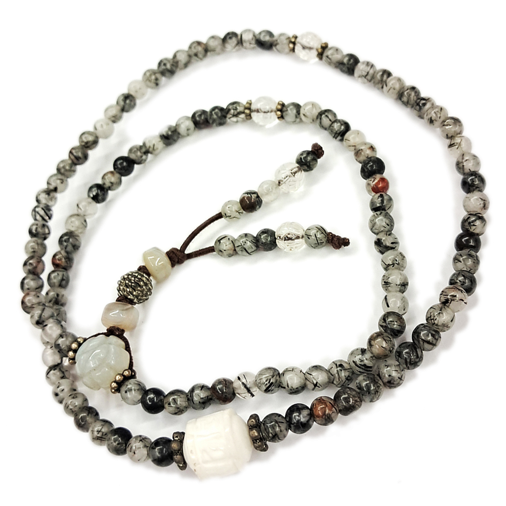 白玉髓蓮花&黑髮晶108念珠5mm【十方】128567