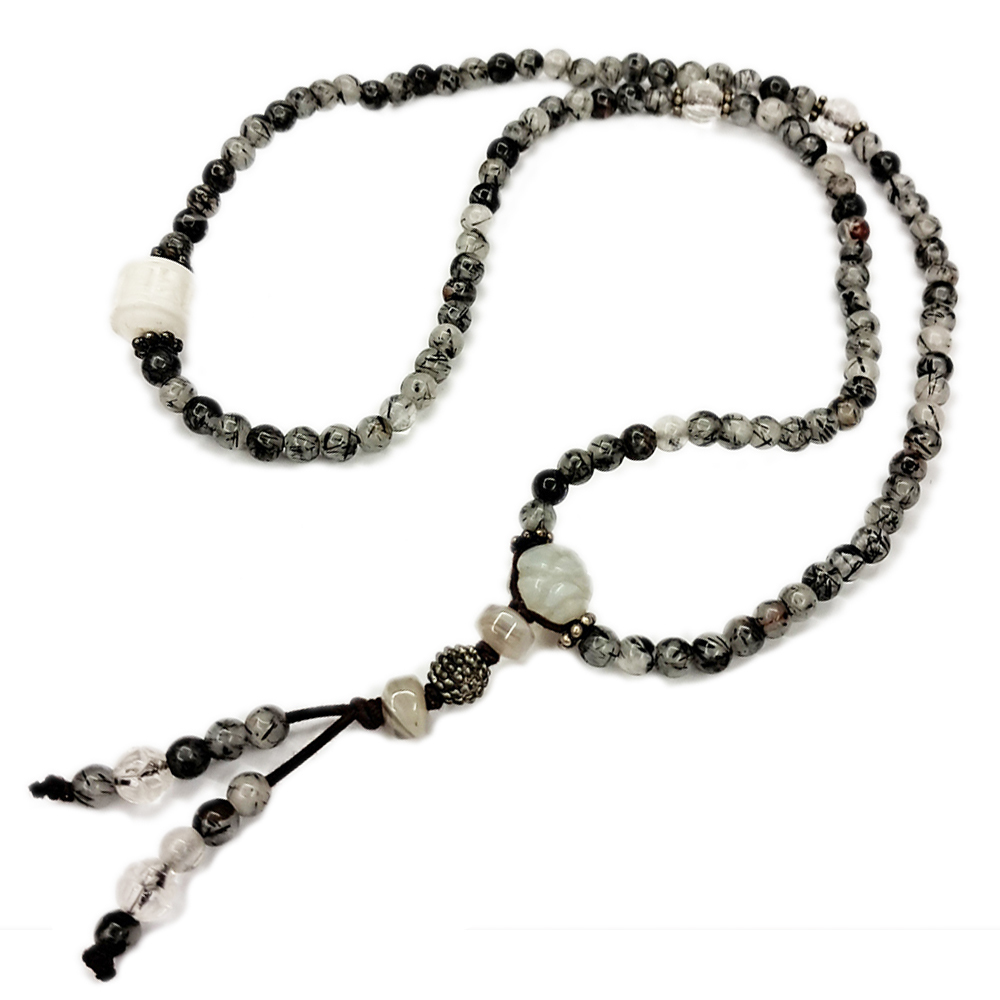 白玉髓蓮花&黑髮晶108念珠5mm【十方】128567