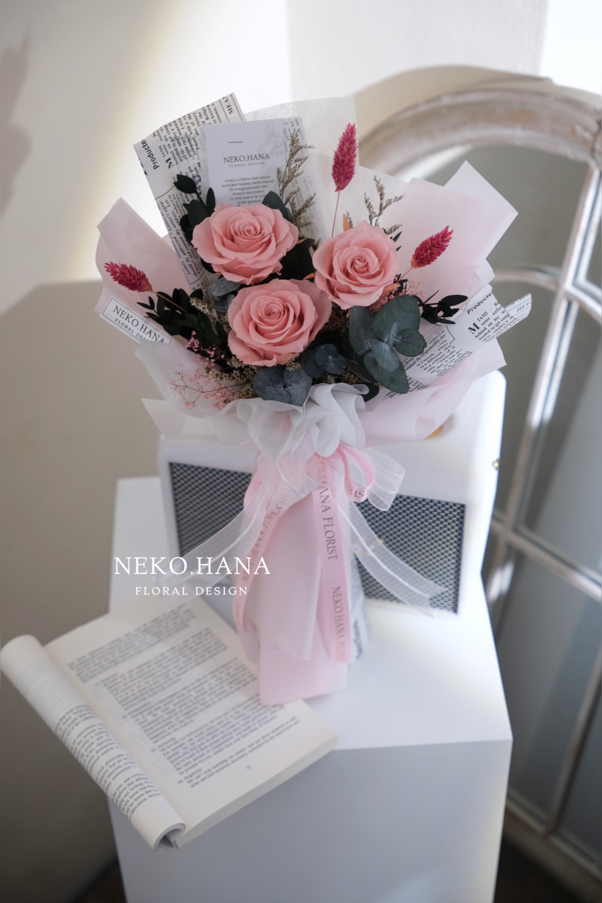 雙色粉玫瑰永生花束