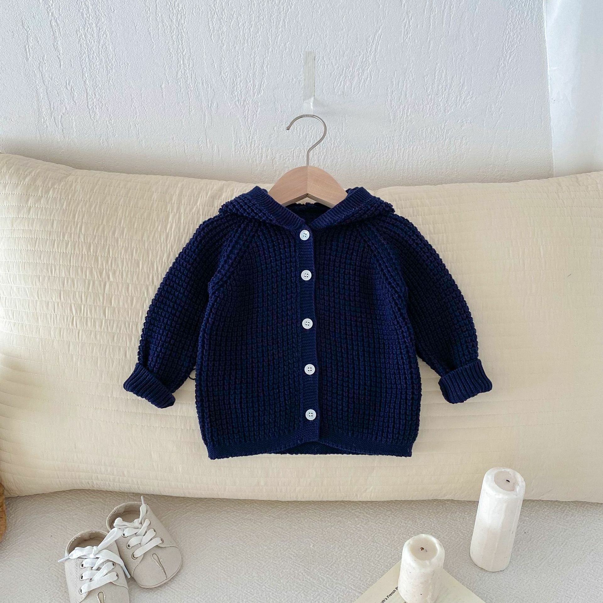 熊寶寶連帽針織毛衣外套-藍色