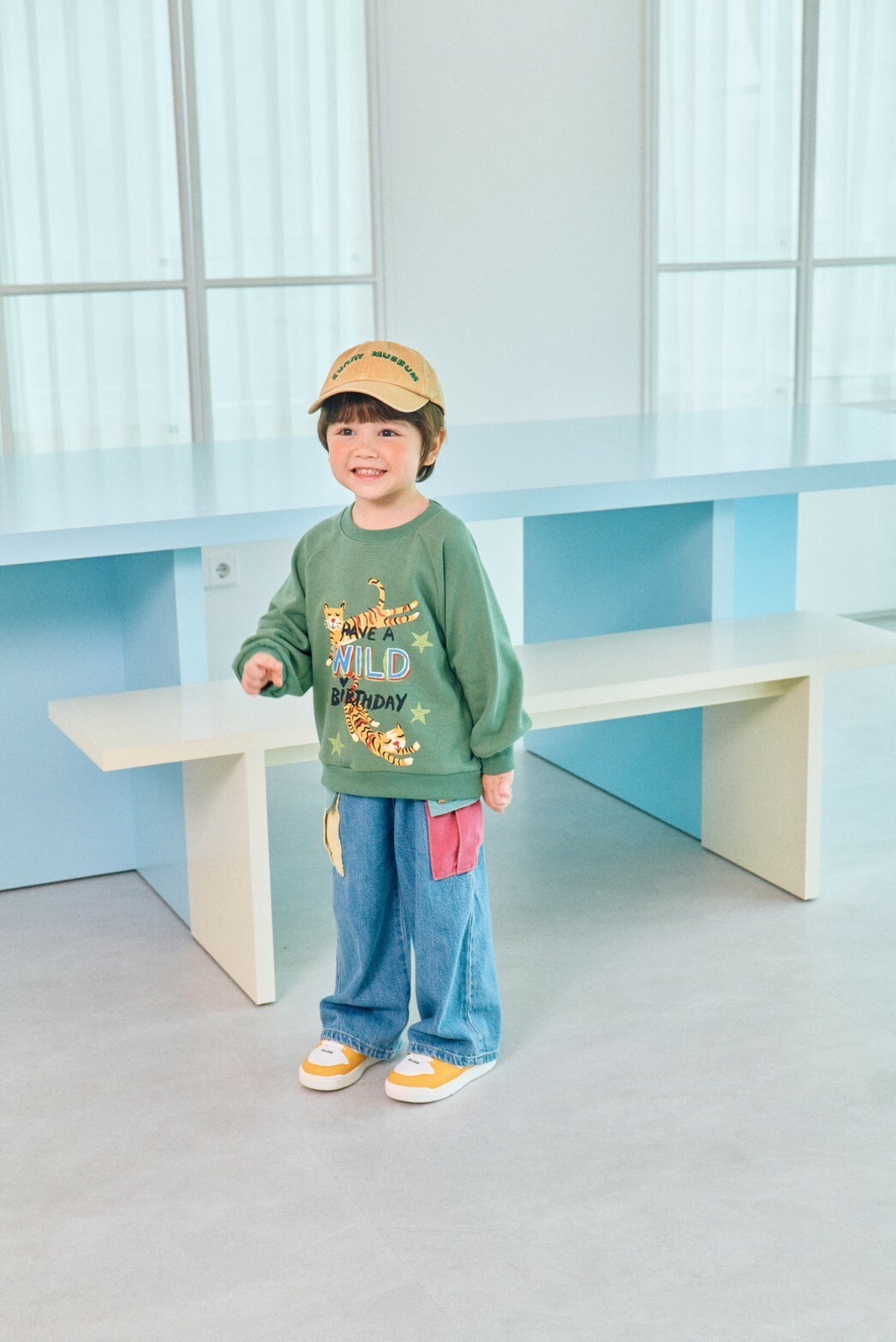 韓國 1st Blue-秋款手繪小老虎衛衣-綠