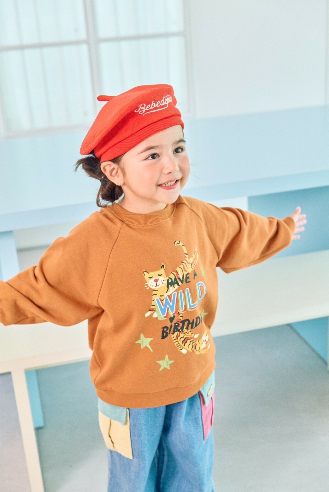 韓國 1st Blue-秋款手繪小老虎衛衣-棕色