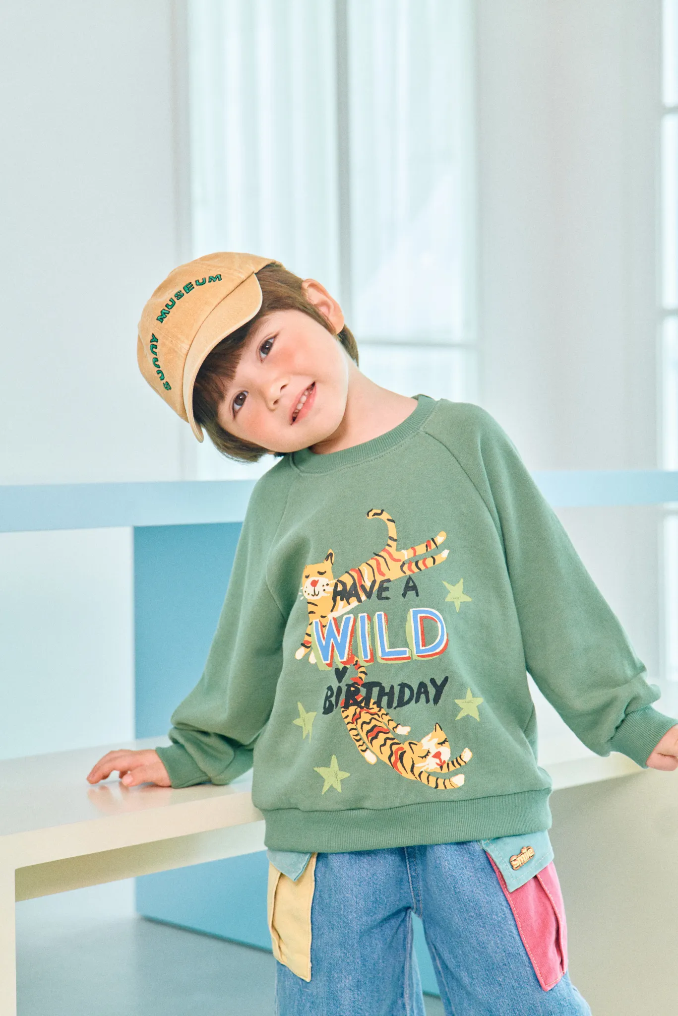 韓國 1st Blue-秋款手繪小老虎衛衣-綠