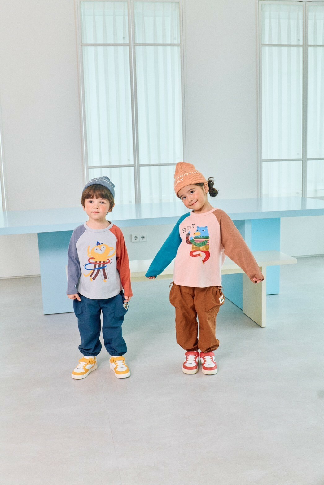 韓國 1st Blue-秋款撞色縮口工裝褲-男寶女寶皆適合