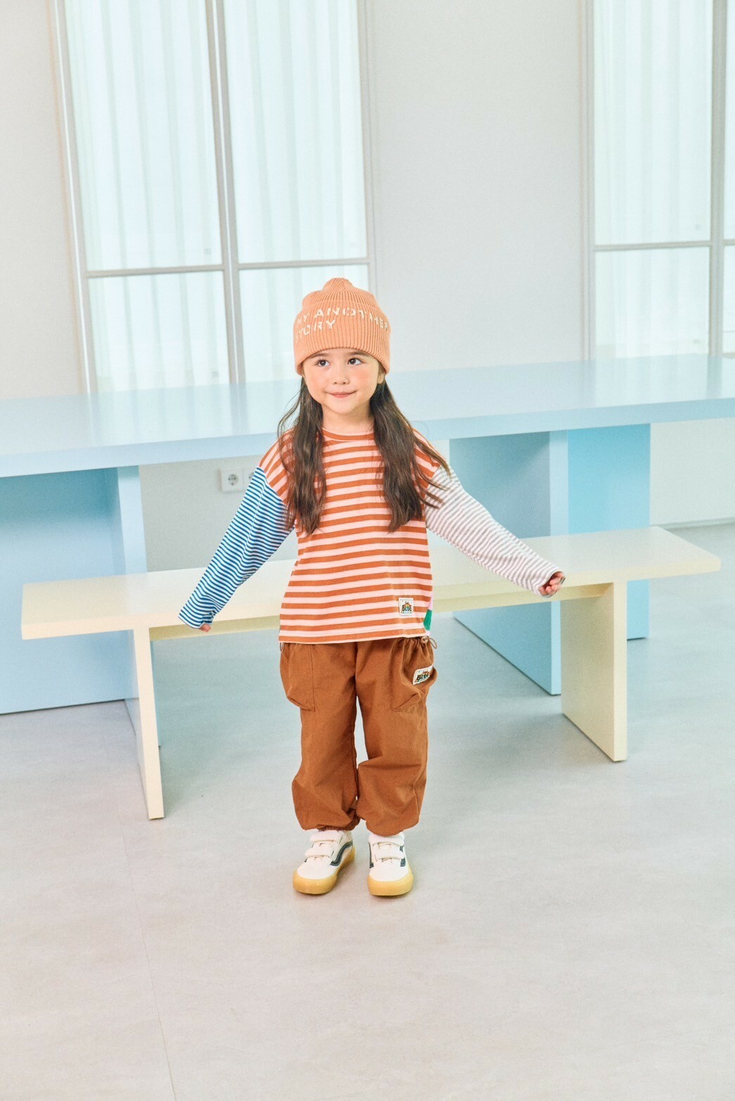 韓國 1st Blue-秋款撞色縮口工裝褲-棕色