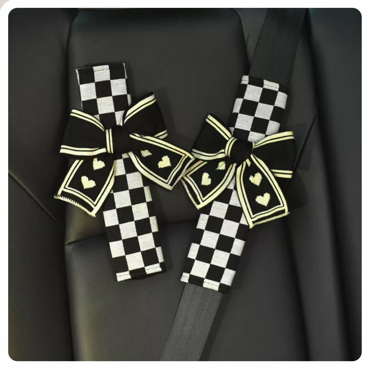 Hot Recommendation [1 Pair Pack] Car Seat Belt Shoulder Cover (Checkered Shoulder Cover with Bow Tie)