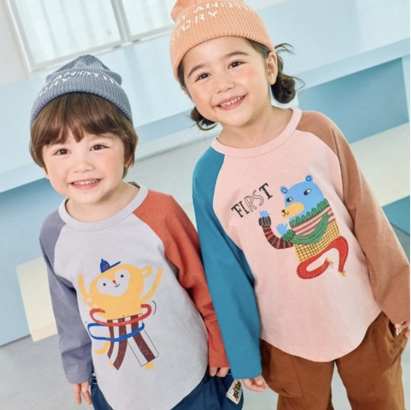 韓國 1st Blue-秋款童趣動物撞色上衣-三款