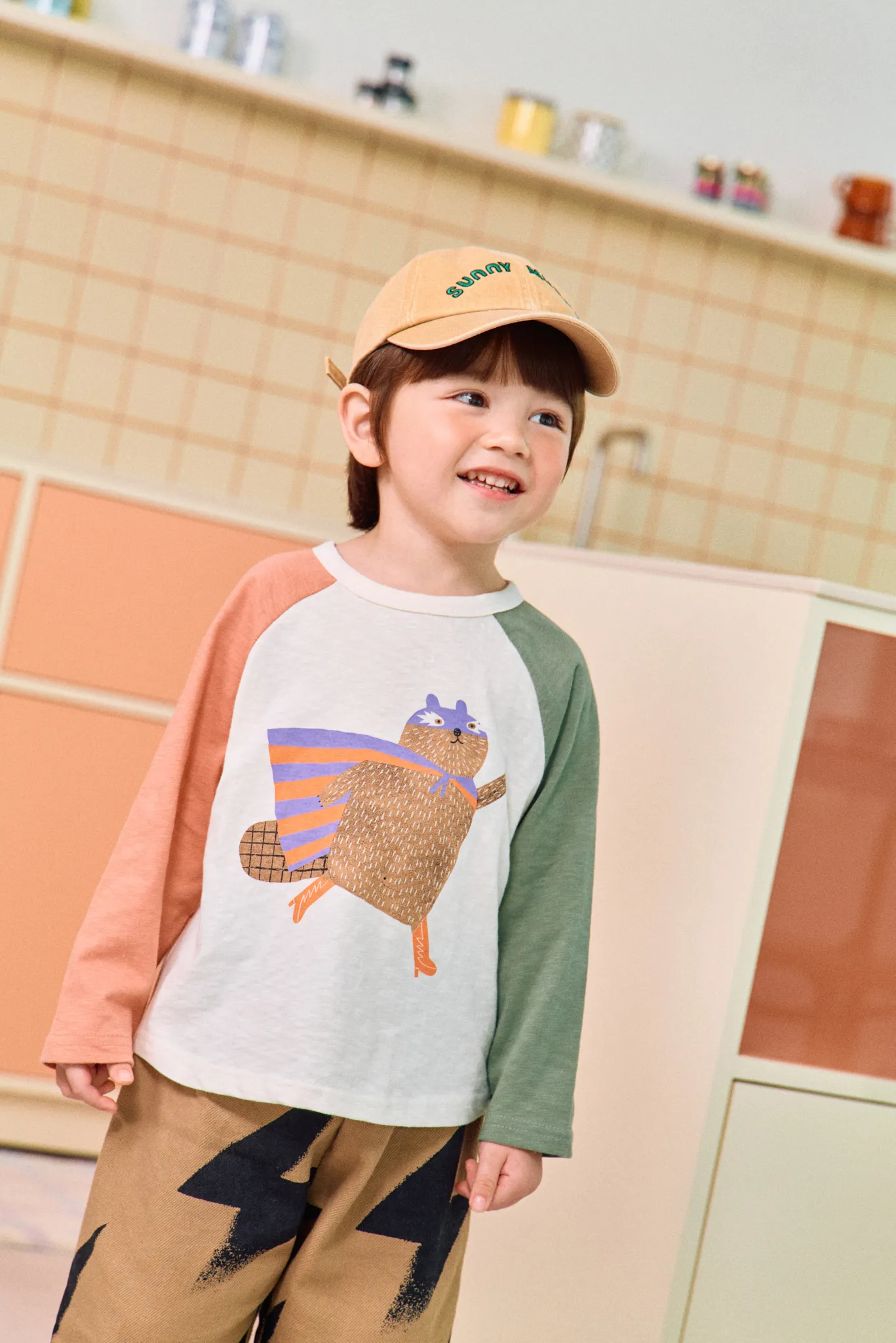 韓國 1st Blue-秋款童趣動物撞色上衣-松鼠超人