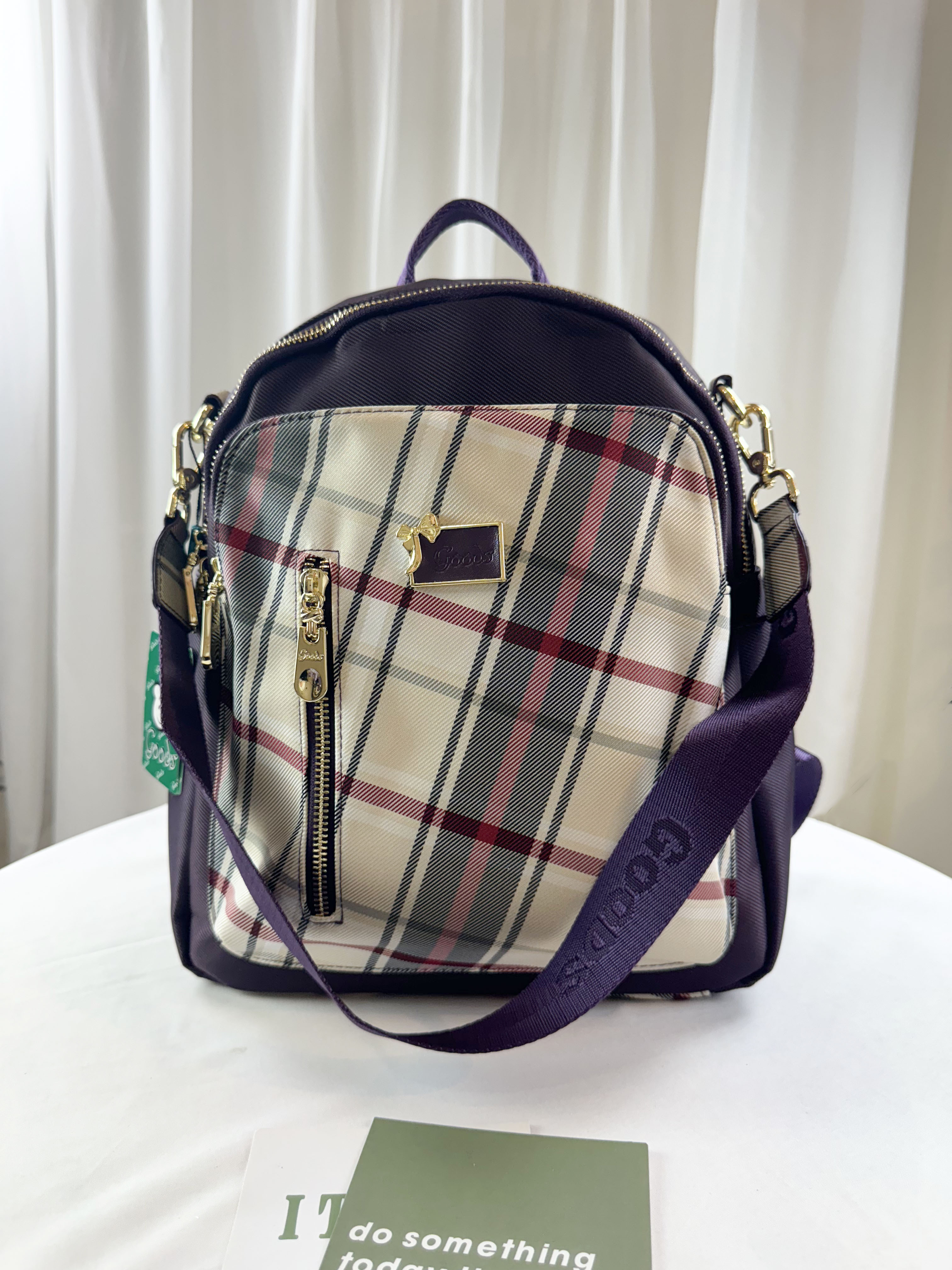 GOODS 紫格紋拼色防潑水後背包  #2669