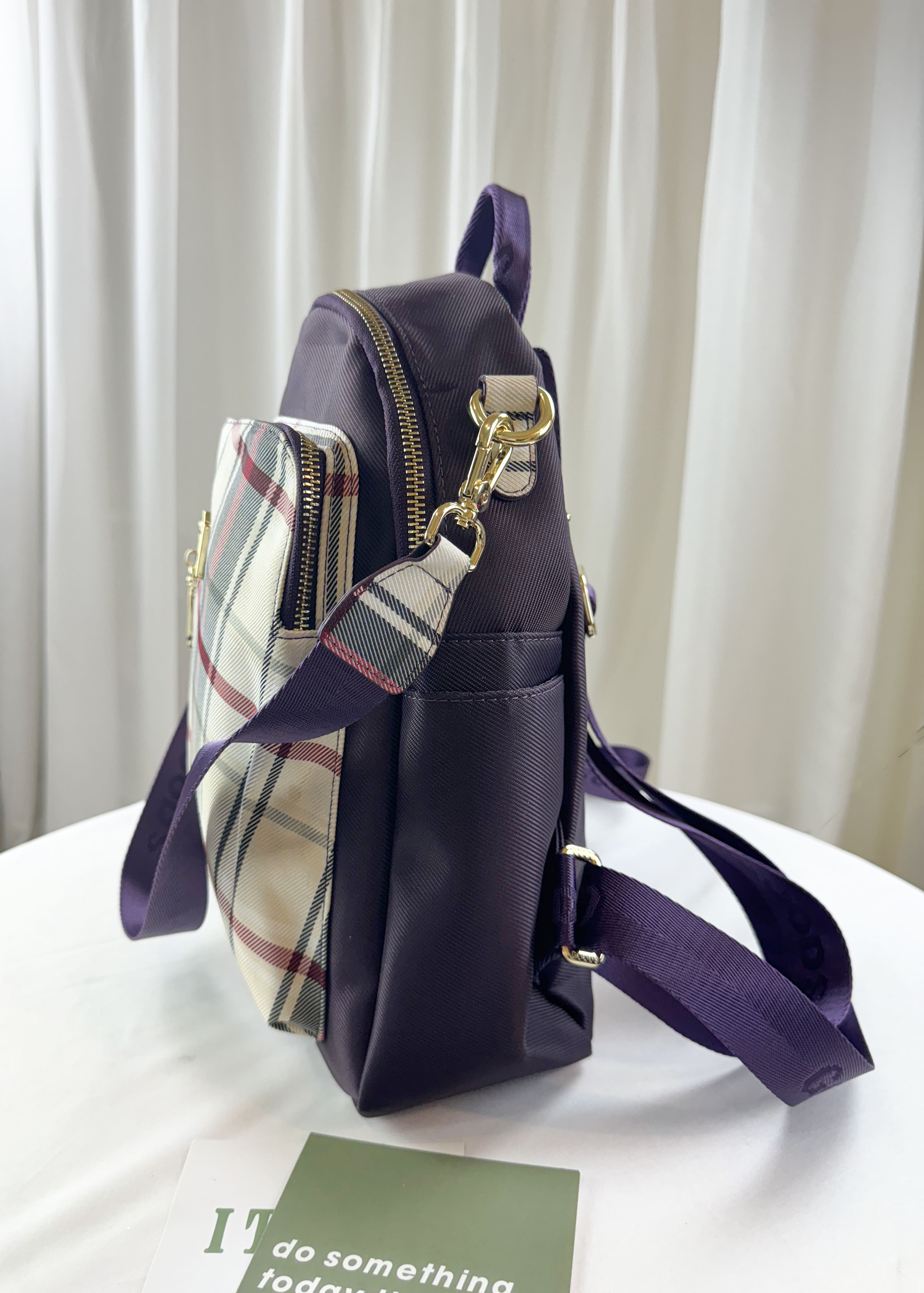 GOODS 紫格紋拼色防潑水後背包  #2669