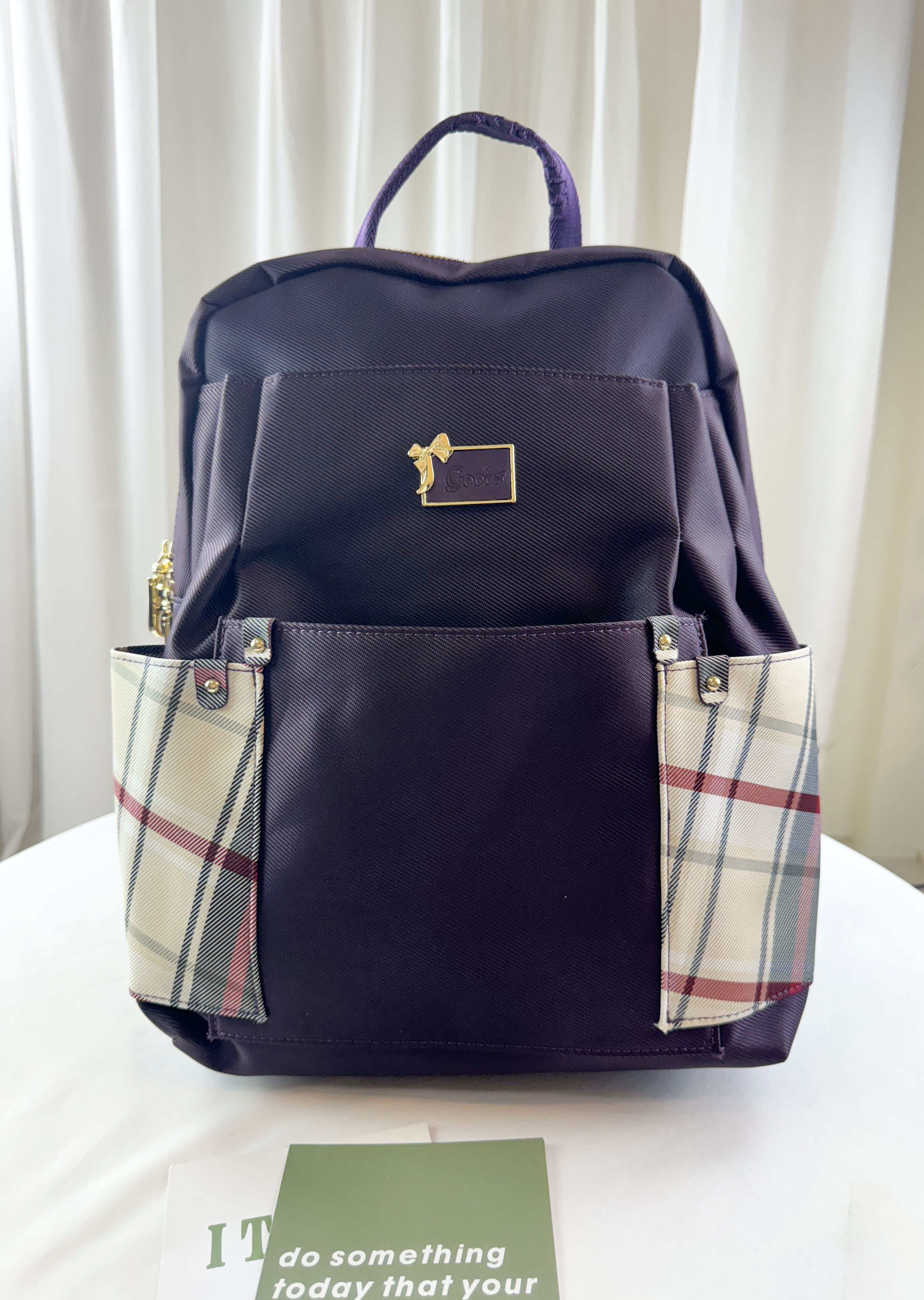 GOODS  紫格紋拼色防潑水後背包   #2547