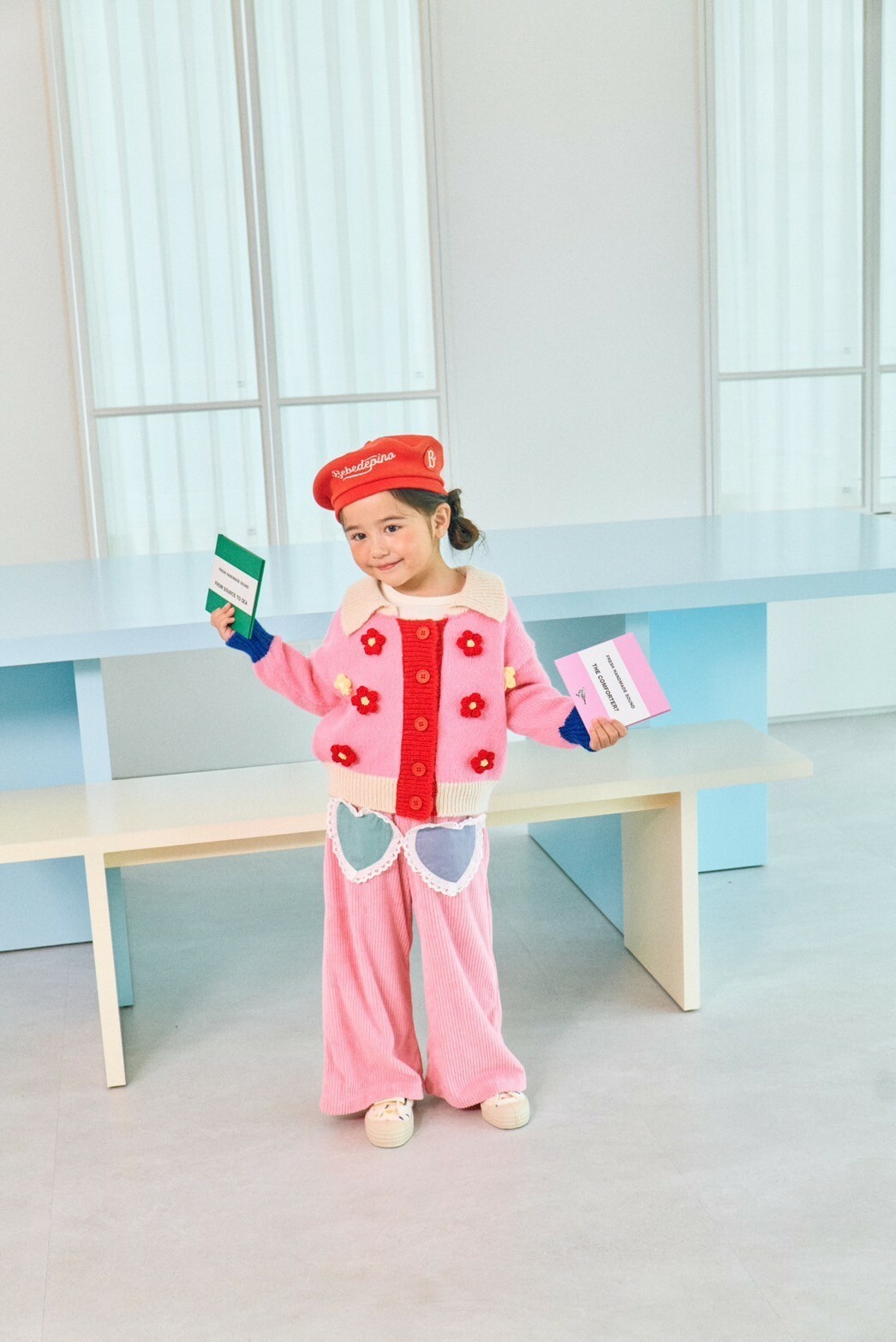 韓國 1st Blue-秋款蕾絲愛心粉色寬褲-甜美粉紅少女